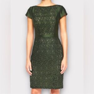 Tory Burch Mariana sheath dress Olive Green Black Jacquard Satin Lace Sz 12